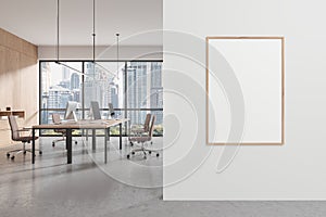 Panoramic white open space office interior with poster