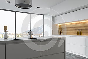 Panoramic white and wooden kitchen side