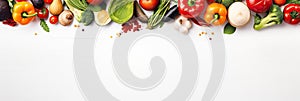 Panoramic wide organic healthy food background. Healthy vegan vegetarian food vegetables and fruits, copy space, banner