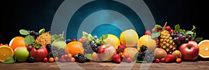 Panoramic wide organic healthy food background. Healthy vegan vegetarian food vegetables and fruits, copy space, banner