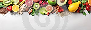 Panoramic wide organic healthy food background. Healthy vegan vegetarian food vegetables and fruits, copy space, banner