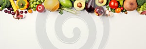 Panoramic wide organic healthy food background. Healthy vegan vegetarian food vegetables and fruits, copy space, banner