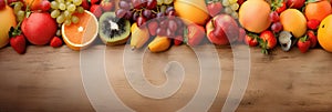 Panoramic wide organic healthy food background. Healthy vegan vegetarian food vegetables and fruits, copy space, banner