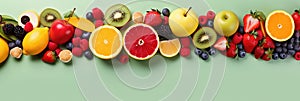 Panoramic wide organic healthy food background. Healthy vegan vegetarian food vegetables and fruits, copy space, banner