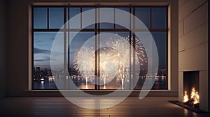 Panoramic window with fireworks. Ai generative