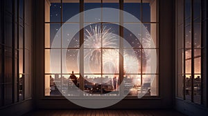 Panoramic window with fireworks background. Ai generative