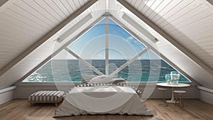 Panoramic window on open sea ocean, mezzanine loft, bedroom with