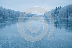 Frozen Lake Winter Background with Snow and Soft Reflections, Cold Blue Panoramic Scene