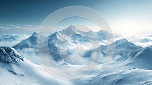 panoramic winter landscape of rolling snow covered mountains and clouds