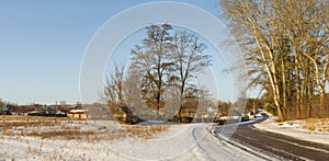 Panoramic winter landscape in Ukrainian rural area