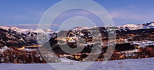 Panoramic winter landscape view of Mountain Village and Telluride, Colorado