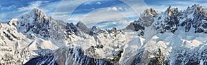Panoramic view of Montblanc peak and Grandes Jorasses from Cormayeur ski slopes photo
