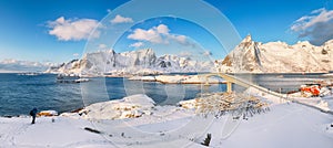 Panoramic winter view on  Reine, Sakrisoya and Hamnoy villages  and bridge to Olenilsoya island