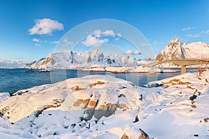 Panoramic winter view on  Reine and Sakrisoya villages  and bridge to Olenilsoya island