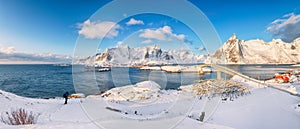 Panoramic winter view on  Reine and Sakrisoya villages  and bridge to Olenilsoya island