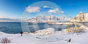 Panoramic winter view on  Reine and Sakrisoya villages  and bridge to Olenilsoya island
