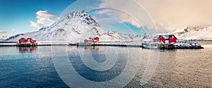 Panoramic winter view of small fishing village - Ramberg, Lofoten Islands