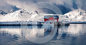 Panoramic winter view of small fishing village - Ramberg, Lofoten Islands, Norway