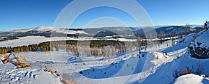 Panoramic winter view of the snow-covered slopes of the Altai mountains, Siberia, Russia