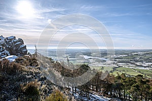Panoramic winter view of Tittesworth Reservoir from The Roaches in the Peak District