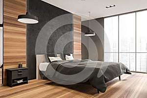 Panoramic wooden and black stone bedroom. Corner view