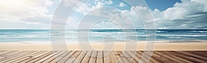 Panoramic wooden flooring deck in front and blue summer sky and sea or ocean with turquoise water and waves. Generative AI