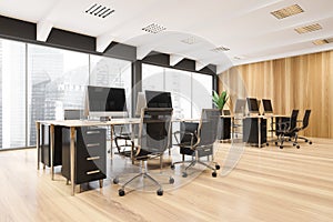 Panoramic wooden office design with ceiling overhangs. Corner view