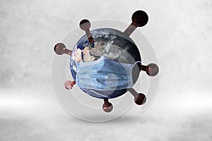 Panoramic World mask protect Corona virus on background with clipping path concept for Earth warning covid19 flu pandemic quaranti