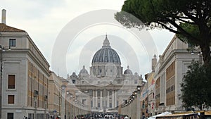 Panoramic zoom in view of St peter's church conciliazione street in Vatican city, Rome Italy touristic landmarks