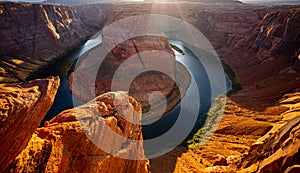 Panoramicview of the Arizona deserts. Grand canyon. Sunrise shot of Horseshoe Bend, Page, Arizona.