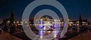 Panoravic night view of main building of Igor Sikorsky Kyiv Polytechnic Institute KPI under the night sky. Kyiv, Ukraine