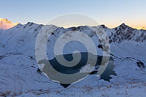 Panorma of mountain lake Schrecksee in Allgau Alps, Bavaria, Germany