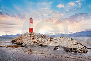 Panormaic view of the Les Eclaireurs Lighthouse, on the Beagle Channel in Ushuaia, Tierra del Fuego, surrounded by a