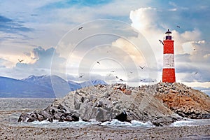 Panormaic view of the Les Eclaireurs Lighthouse, on the Beagle Channel in Ushuaia, Tierra del Fuego, surrounded by a