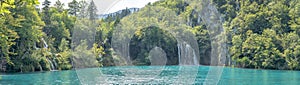 Panramic view of waterfall cascade inside Plitvice Lake in Croatia