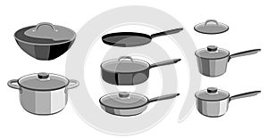Pans pots and saucepans. Kitchen pan objects, kitchenware tools collection for cooking. Elements for boiling and frying