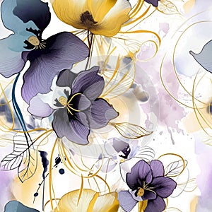 Pansies. Watercolor blossom pansy flowers seamless pattern. Dirty watercolor background. Hand drawn paint blooming pansies flowers