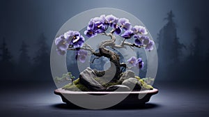 Pansy Bonsai Tree In Purple Orchid Pot: Modern Art Inspired By Erik Johansson