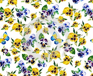 Pansy and butterfly watercolor seamless pattern on white background with leaves and flowers