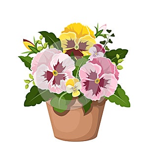 Pansy flowers in a pot. Vector illustration.