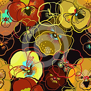 Pansy flowers seamless pattern. Yellow, red, brown, green flowers on a dark background. Drawing watercolor and line art