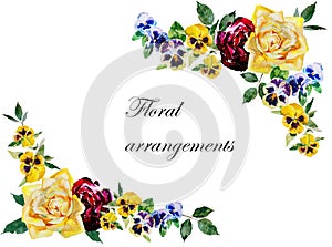 Pansy and roses watercolor curved corner garland  elements with leaves and blossoming flowers