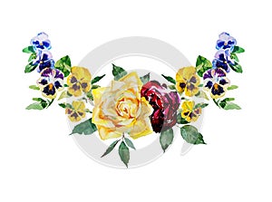 Pansy and roses watercolor curved garland blue, yellow and dark red flowers