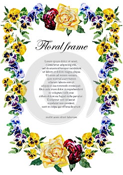 Pansy and roses watercolor page garland frame with flowers blue, yellow and dark red color