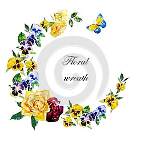 Pansy and roses watercolor round wreath with leaves, butterfly and blossoming flowers