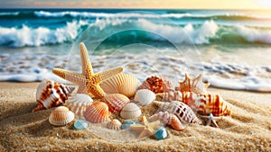 Seashells and Starfish on a Sandy Beach
