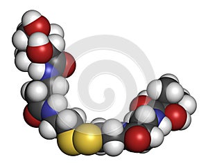 Pantethine (dimeric vitamin B5) molecule. Used in dietary supplements. Atoms are represented as spheres with conventional color