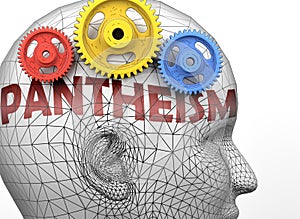 Pantheism and human mind - pictured as word Pantheism inside a head to symbolize relation between Pantheism and the human psyche,