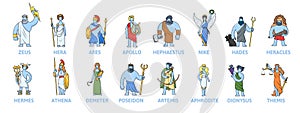 Pantheon of ancient Greek gods, Ancient Greece mythology. Set of cartoon characters with names. Flat vector illustration