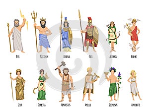 Pantheon of ancient Greek gods, mythology. Set of characters with names. Flat vector illustration. on white photo